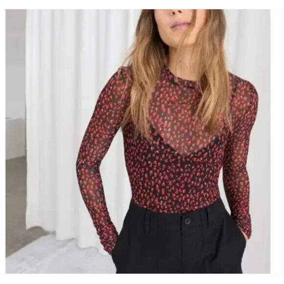 & Other Stories Second Skin PDP Red Black Sheer Mesh Top Size 8 Feminine Career - Picture 1 of 8